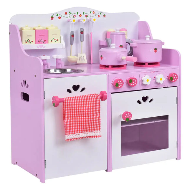 Kids Wooden Kitchen Toy Strawberry Pretend Cooking Playset - Play Kitchen Sets