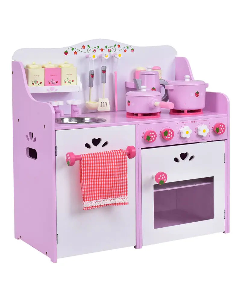 Kids Wooden Kitchen Toy Strawberry Pretend Cooking Playset - Play Kitchen Sets