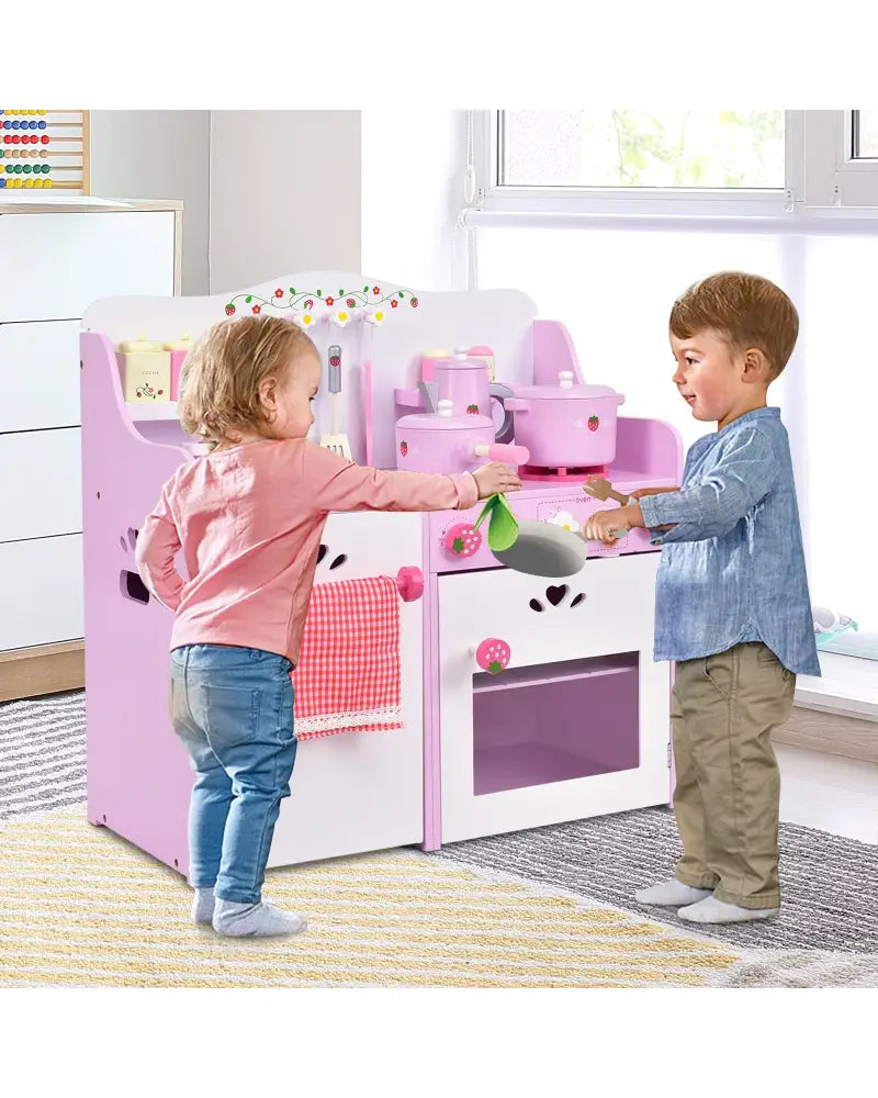 Kids Wooden Kitchen Toy Strawberry Pretend Cooking Playset - Play Kitchen Sets