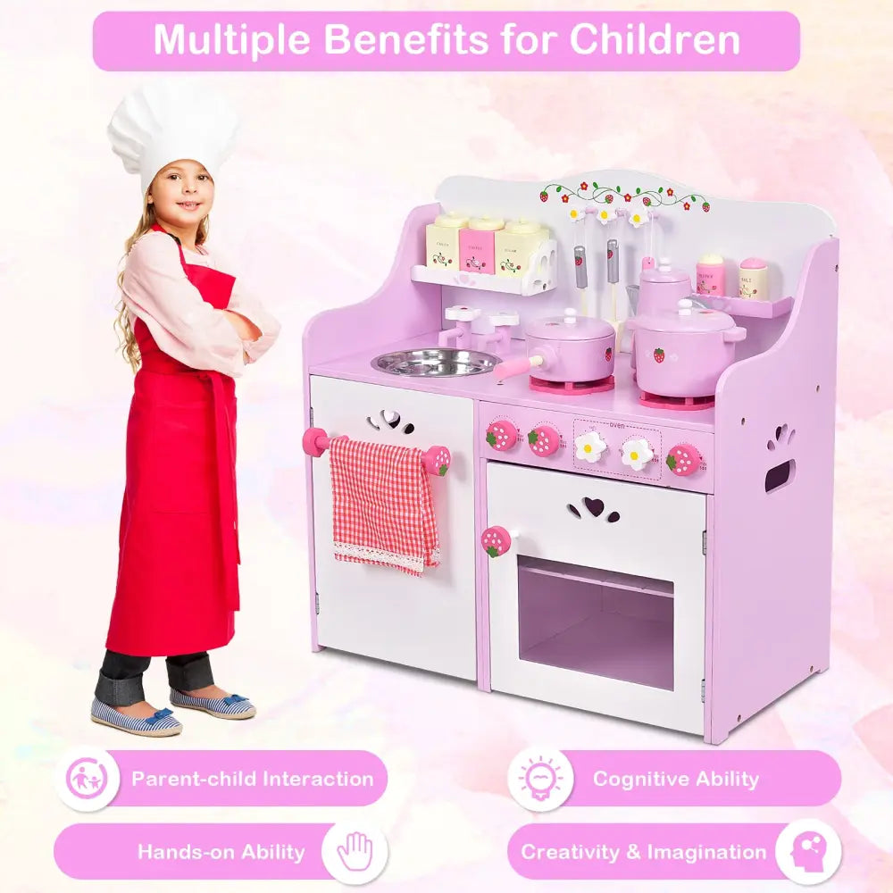 Kids Wooden Kitchen Toy Strawberry Pretend Cooking Playset - Play Kitchen Sets