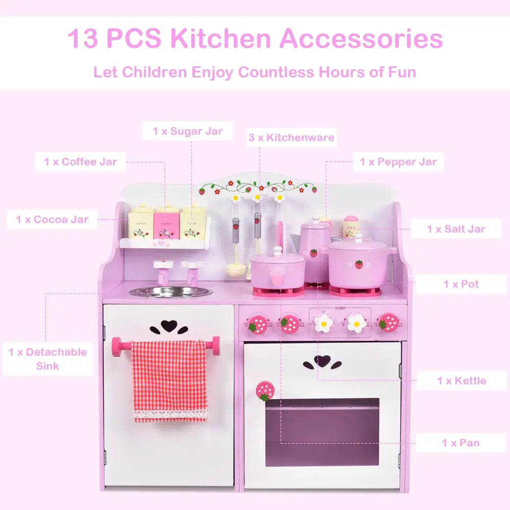 Kids Wooden Kitchen Toy Strawberry Pretend Cooking Playset - Play Kitchen Sets
