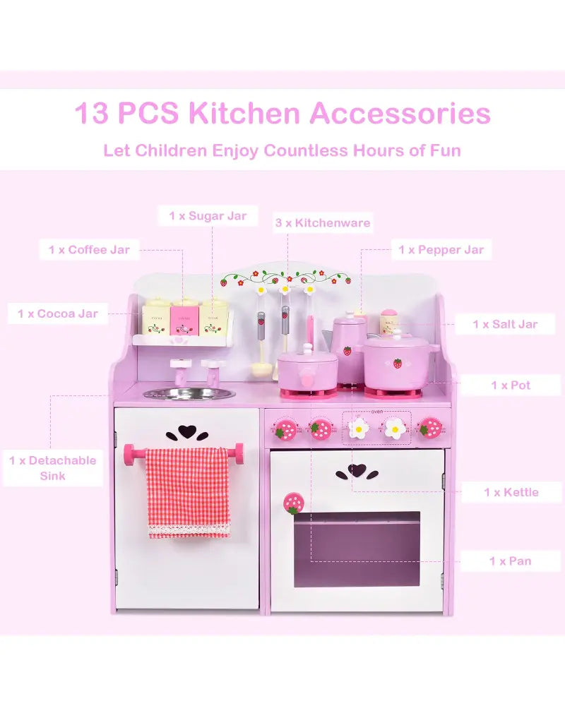 Kids Wooden Kitchen Toy Strawberry Pretend Cooking Playset - Play Kitchen Sets