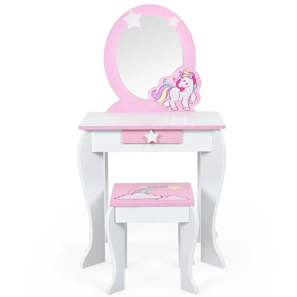 Kids Wooden Makeup Dressing Table and Chair Set with Mirror and Drawer-White - White - Kids Vanities