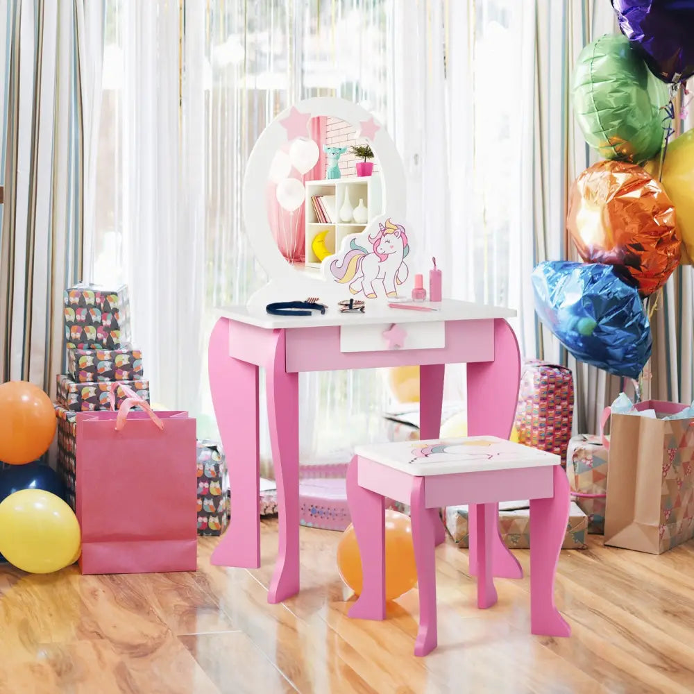 Kids Wooden Makeup Dressing Table and Chair Set with Mirror and Drawer-Pink - Pink - Kids Vanities