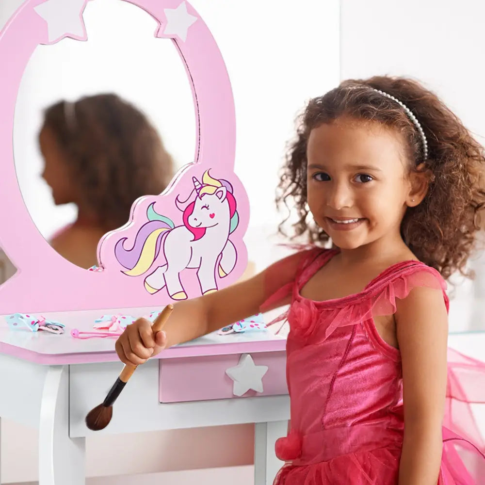 Kids Wooden Makeup Dressing Table and Chair Set with Mirror and Drawer-White - White - Kids Vanities