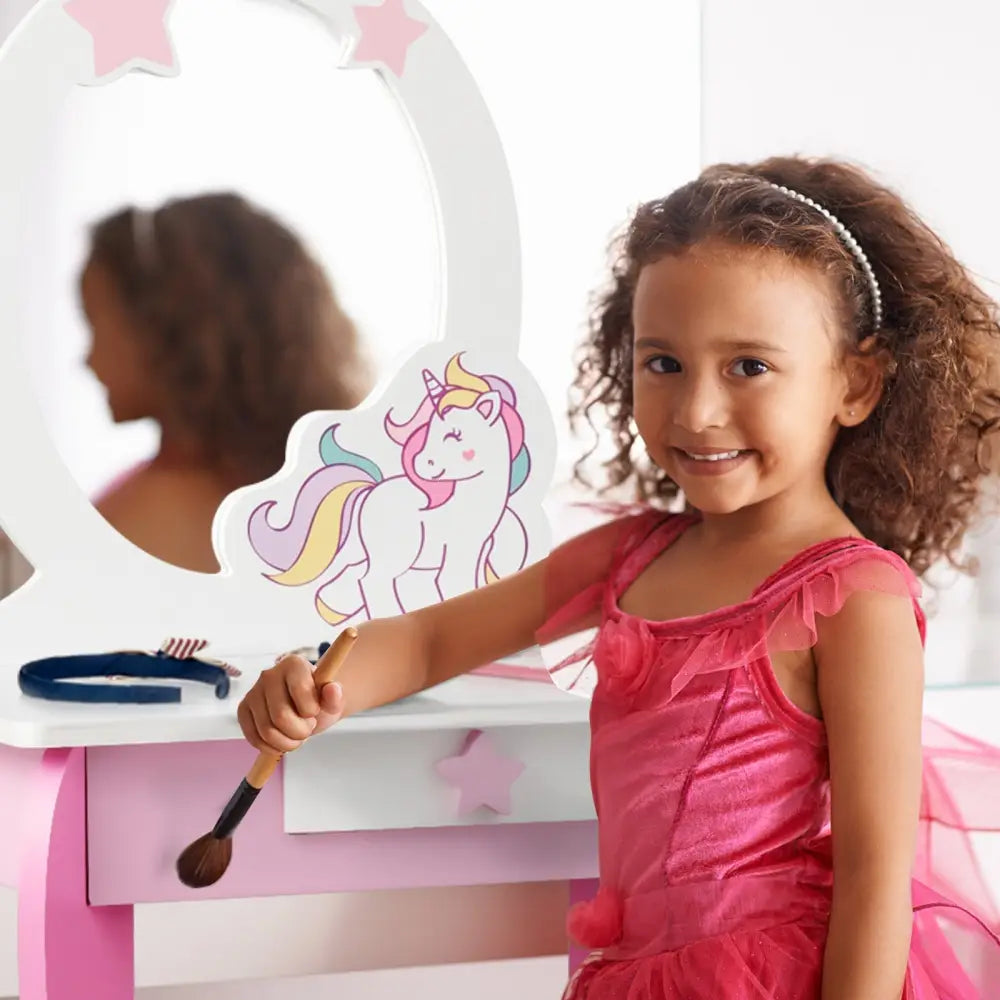 Kids Wooden Makeup Dressing Table and Chair Set with Mirror and Drawer-Pink - Pink - Kids Vanities