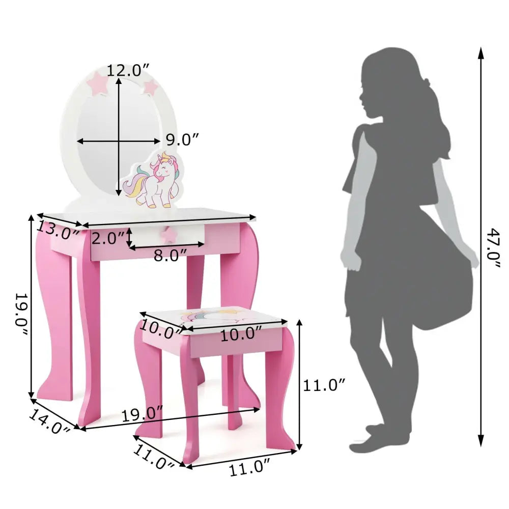 Kids Wooden Makeup Dressing Table and Chair Set with Mirror and Drawer-Pink - Pink - Kids Vanities