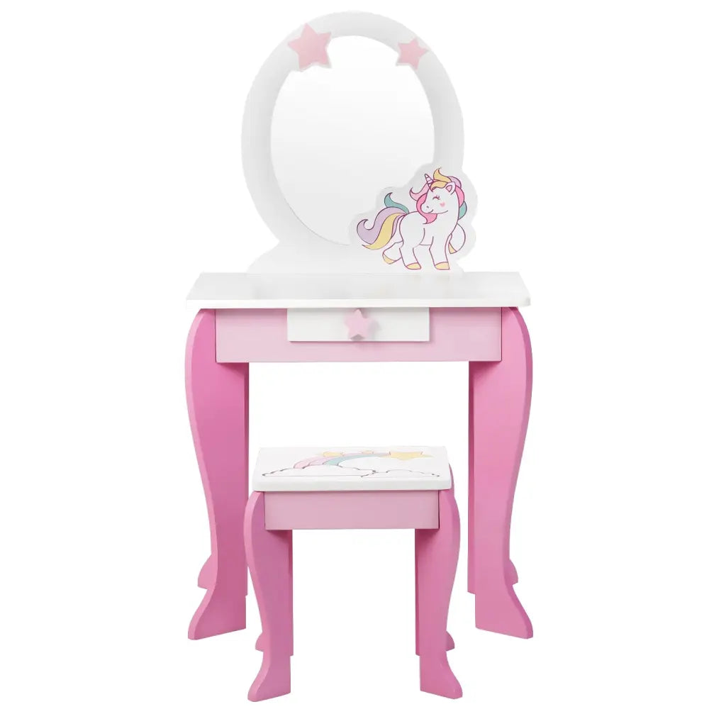 Kids Wooden Makeup Dressing Table and Chair Set with Mirror and Drawer-Pink - Pink - Kids Vanities