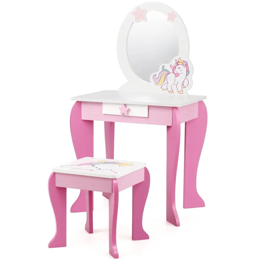 Kids Wooden Makeup Dressing Table and Chair Set with Mirror and Drawer-Pink - Pink - Kids Vanities