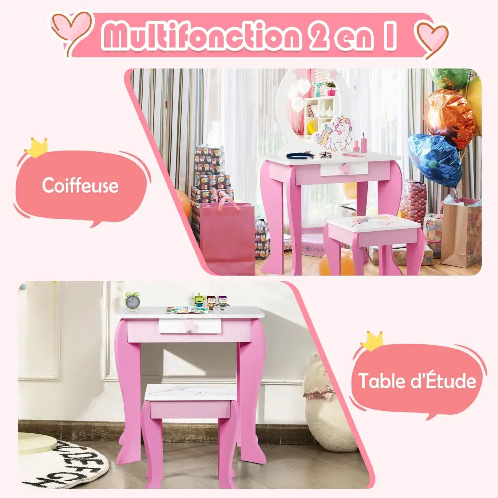 Kids Wooden Makeup Dressing Table and Chair Set with Mirror and Drawer-Pink - Pink - Kids Vanities