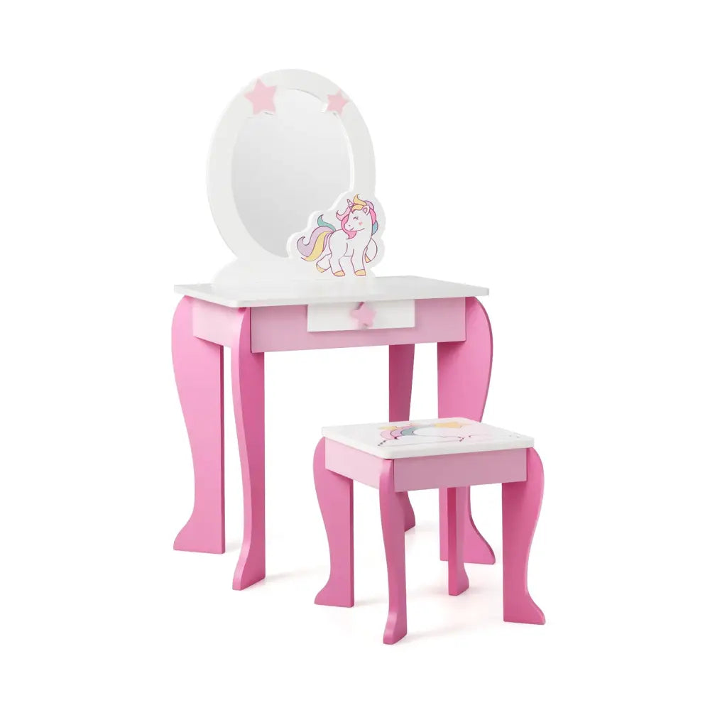 Kids Wooden Makeup Dressing Table and Chair Set with Mirror and Drawer-Pink - Pink - Kids Vanities