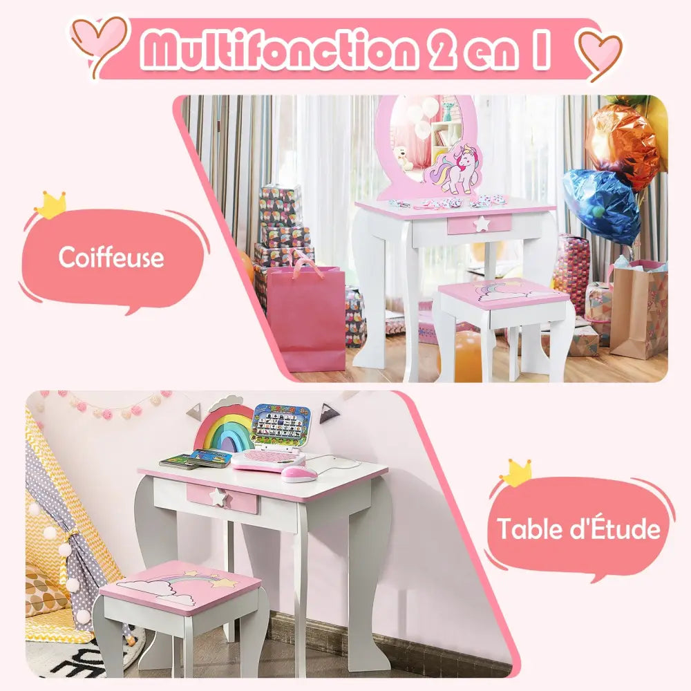 Kids Wooden Makeup Dressing Table and Chair Set with Mirror and Drawer-White - White - Kids Vanities