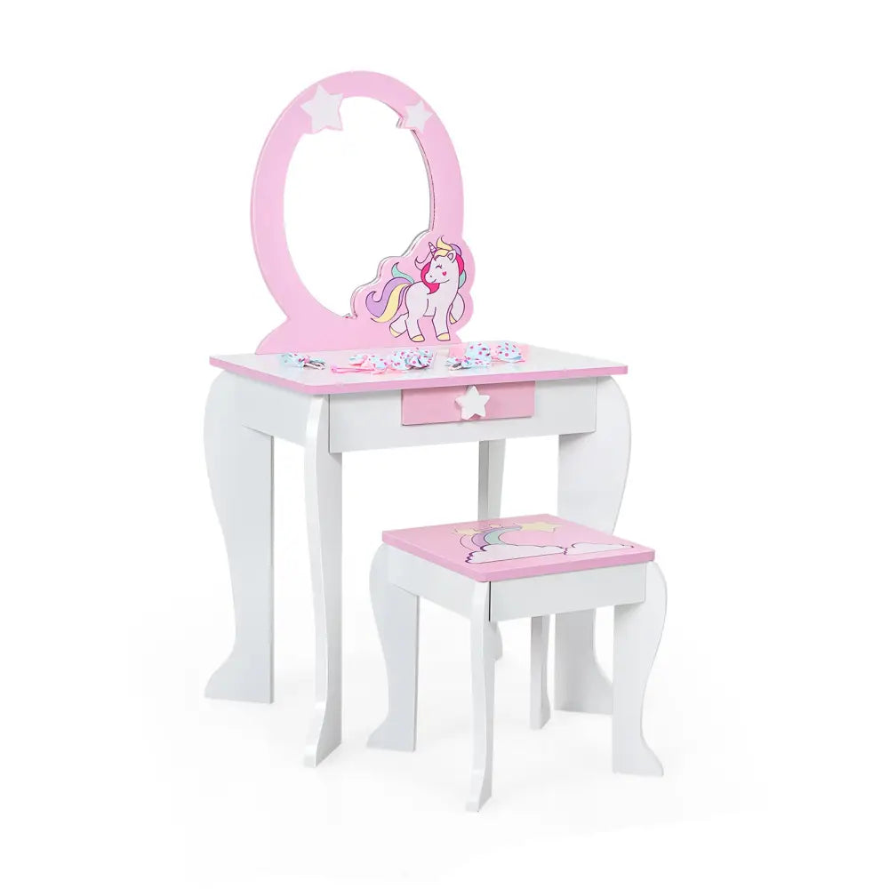 Kids Wooden Makeup Dressing Table and Chair Set with Mirror and Drawer-White - White - Kids Vanities