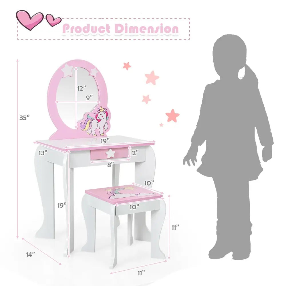 Kids Wooden Makeup Dressing Table and Chair Set with Mirror and Drawer-White - White - Kids Vanities