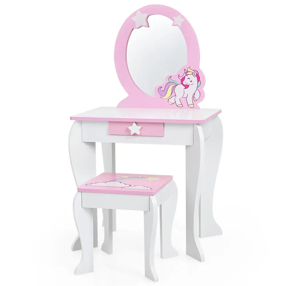 Kids Wooden Makeup Dressing Table and Chair Set with Mirror and Drawer-White - White - Kids Vanities