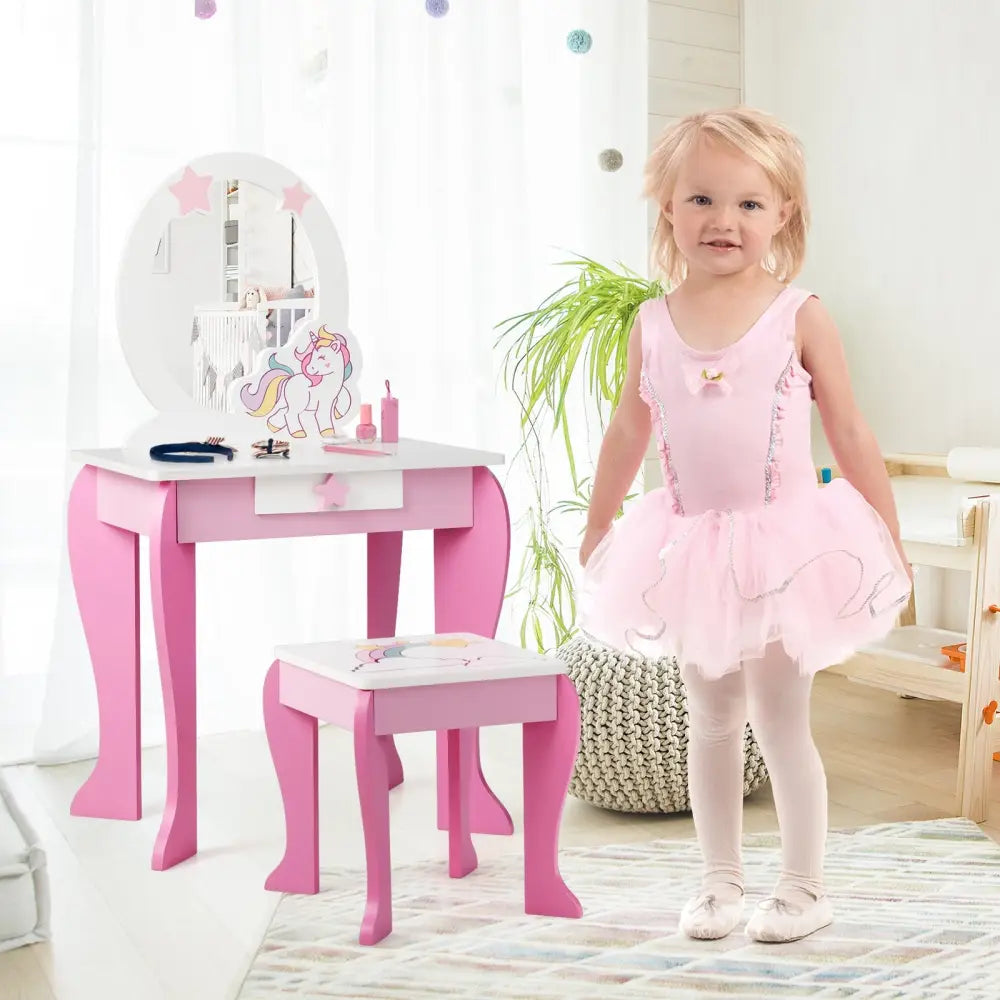 Kids Wooden Makeup Dressing Table and Chair Set with Mirror and Drawer-Pink - Pink - Kids Vanities