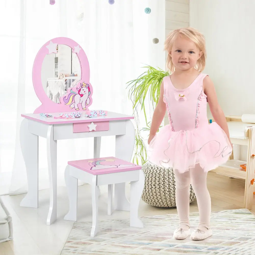 Kids Wooden Makeup Dressing Table and Chair Set with Mirror and Drawer-White - White - Kids Vanities