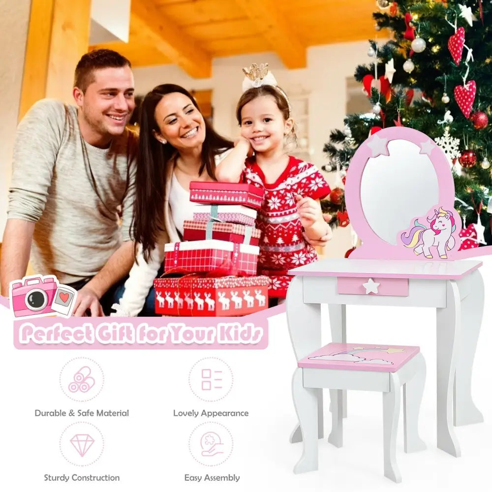 Kids Wooden Makeup Dressing Table and Chair Set with Mirror and Drawer-White - White - Kids Vanities