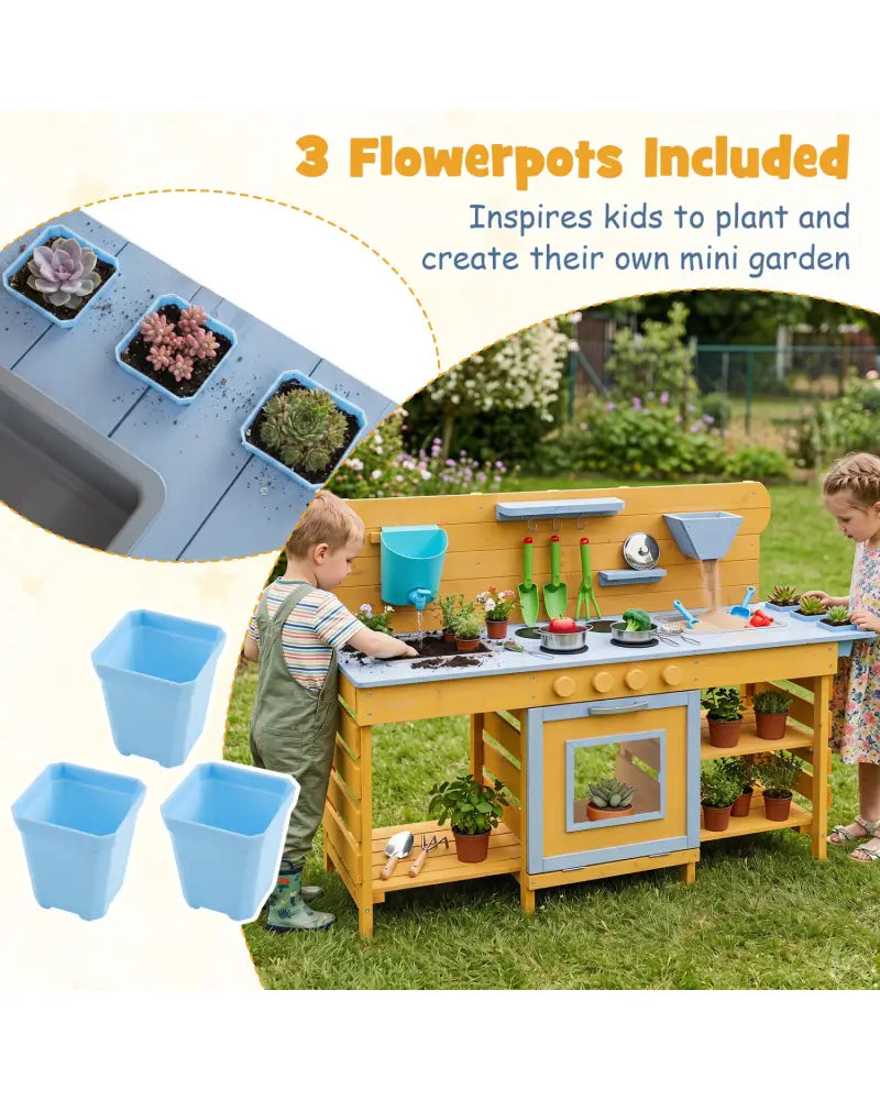 Kids Wooden Mud Kitchen with 2 Sinks and 4 Stoves-Natural - Natural - Play Kitchen Sets
