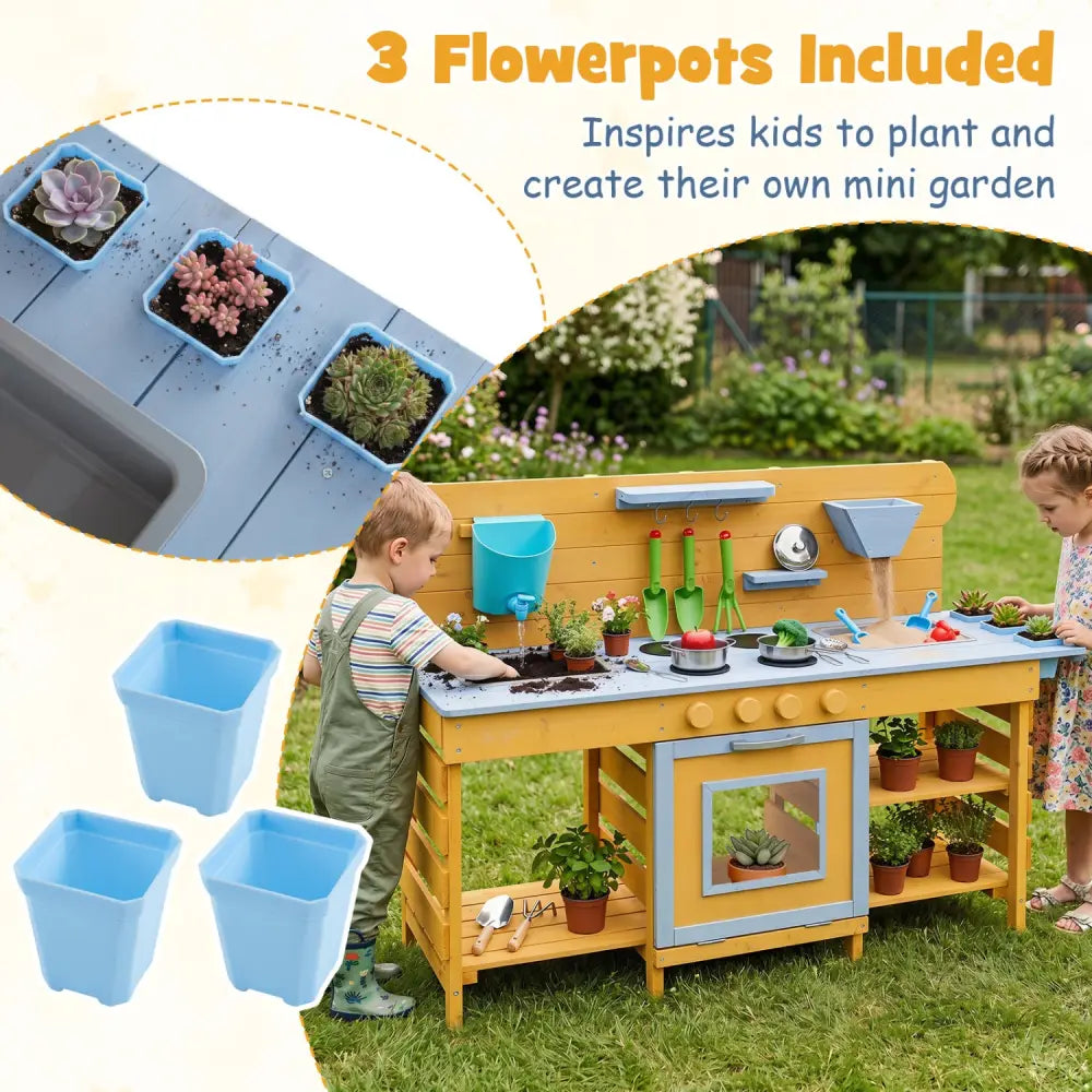 Kids Wooden Mud Kitchen with 2 Sinks and 4 Stoves-Natural - Natural - Play Kitchen Sets