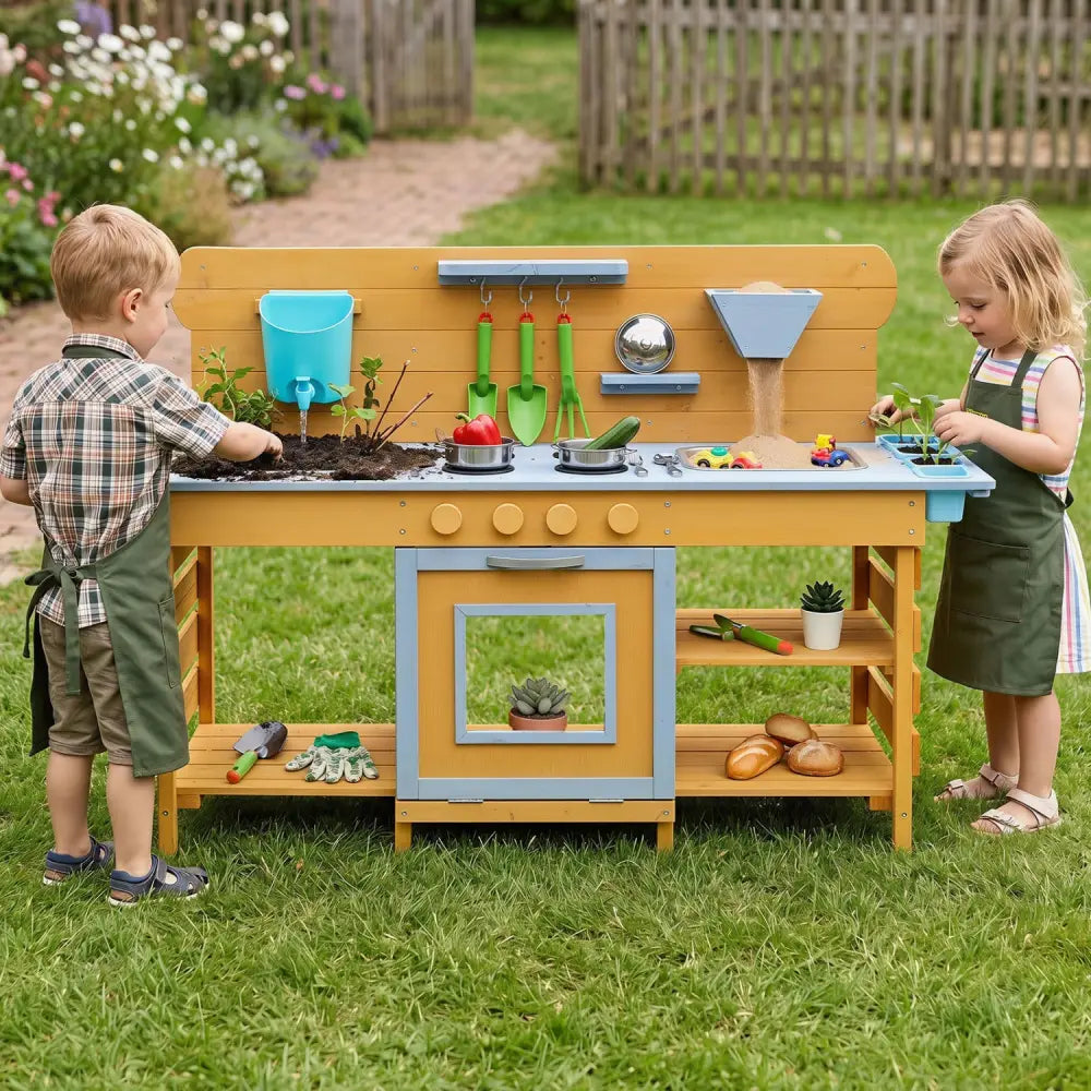Kids Wooden Mud Kitchen with 2 Sinks and 4 Stoves-Natural - Natural - Play Kitchen Sets