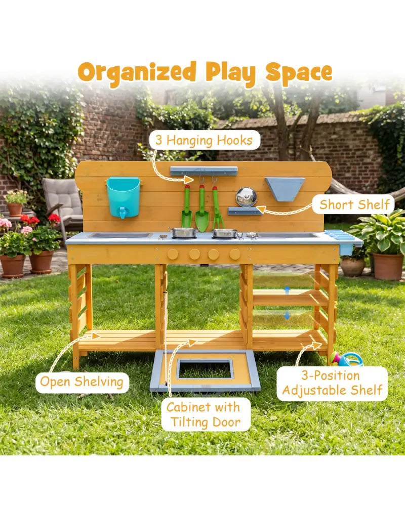Kids Wooden Mud Kitchen with 2 Sinks and 4 Stoves-Natural - Natural - Play Kitchen Sets