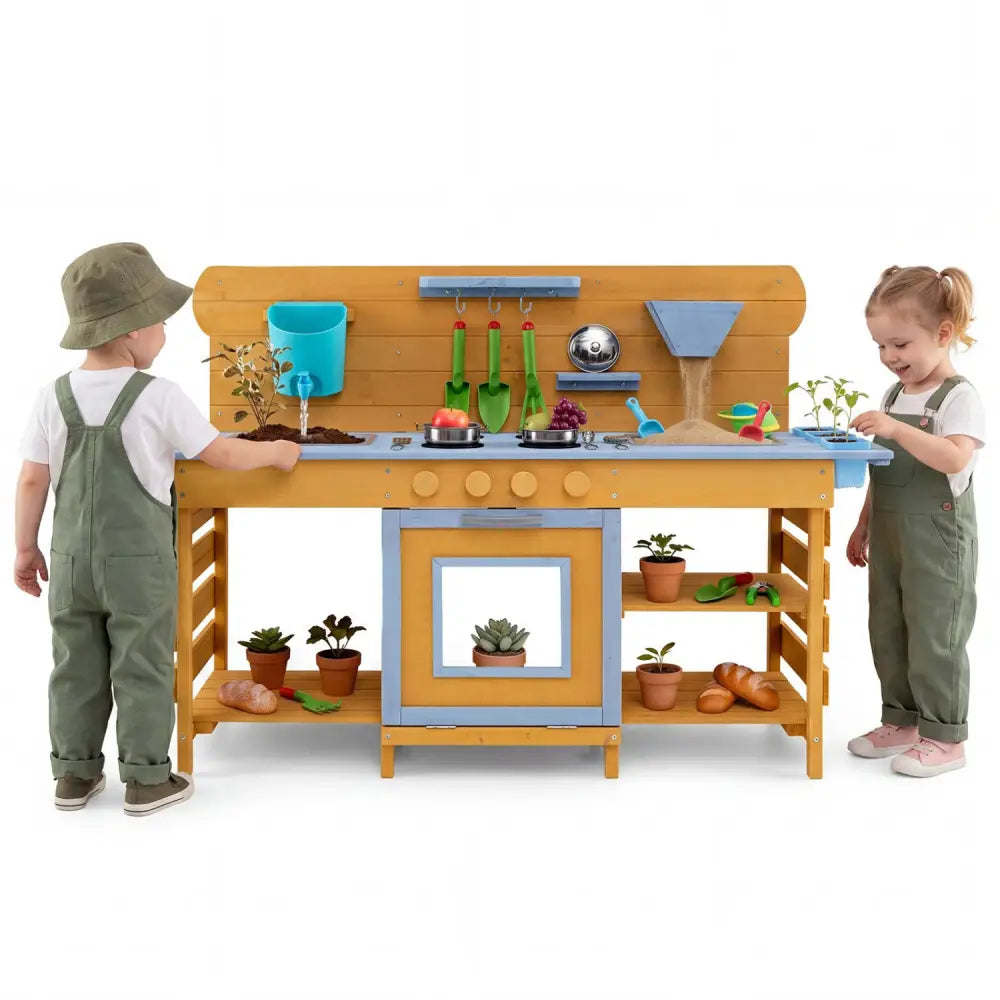 Kids Wooden Mud Kitchen with 2 Sinks and 4 Stoves-Natural - Natural - Play Kitchen Sets