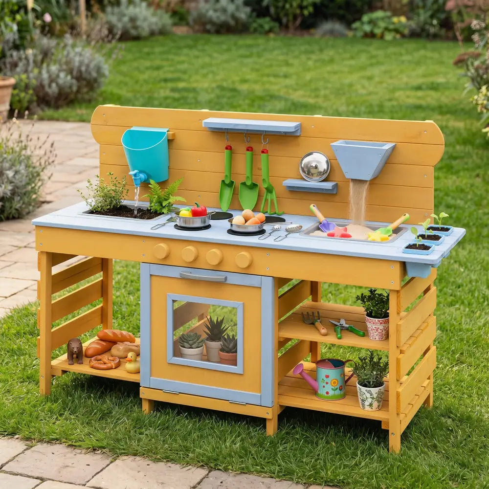 Kids Wooden Mud Kitchen with 2 Sinks and 4 Stoves-Natural - Natural - Play Kitchen Sets