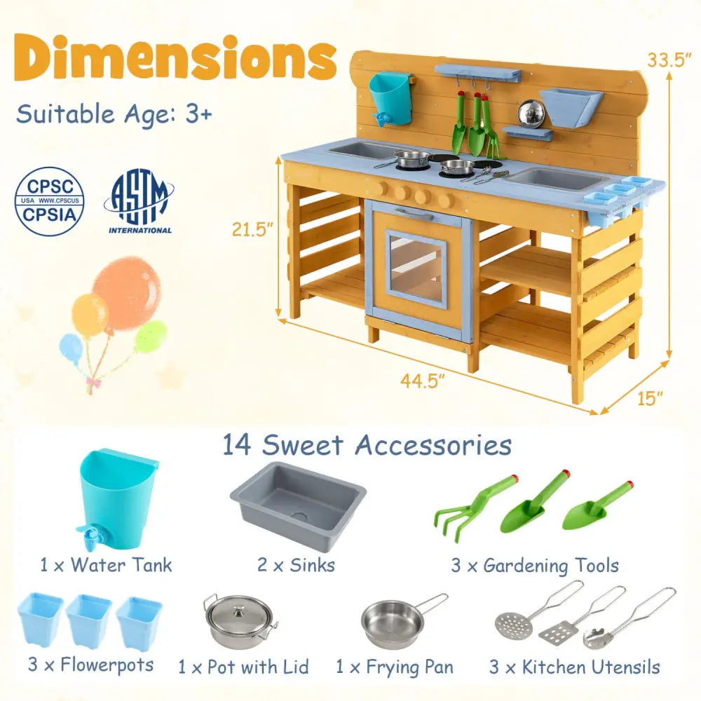 Kids Wooden Mud Kitchen with 2 Sinks and 4 Stoves-Natural - Natural - Play Kitchen Sets
