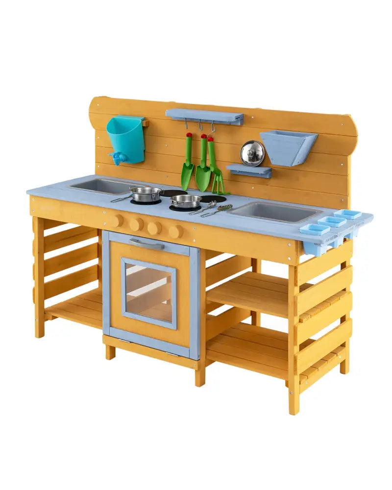 Kids Wooden Mud Kitchen with 2 Sinks and 4 Stoves-Natural - Natural - Play Kitchen Sets
