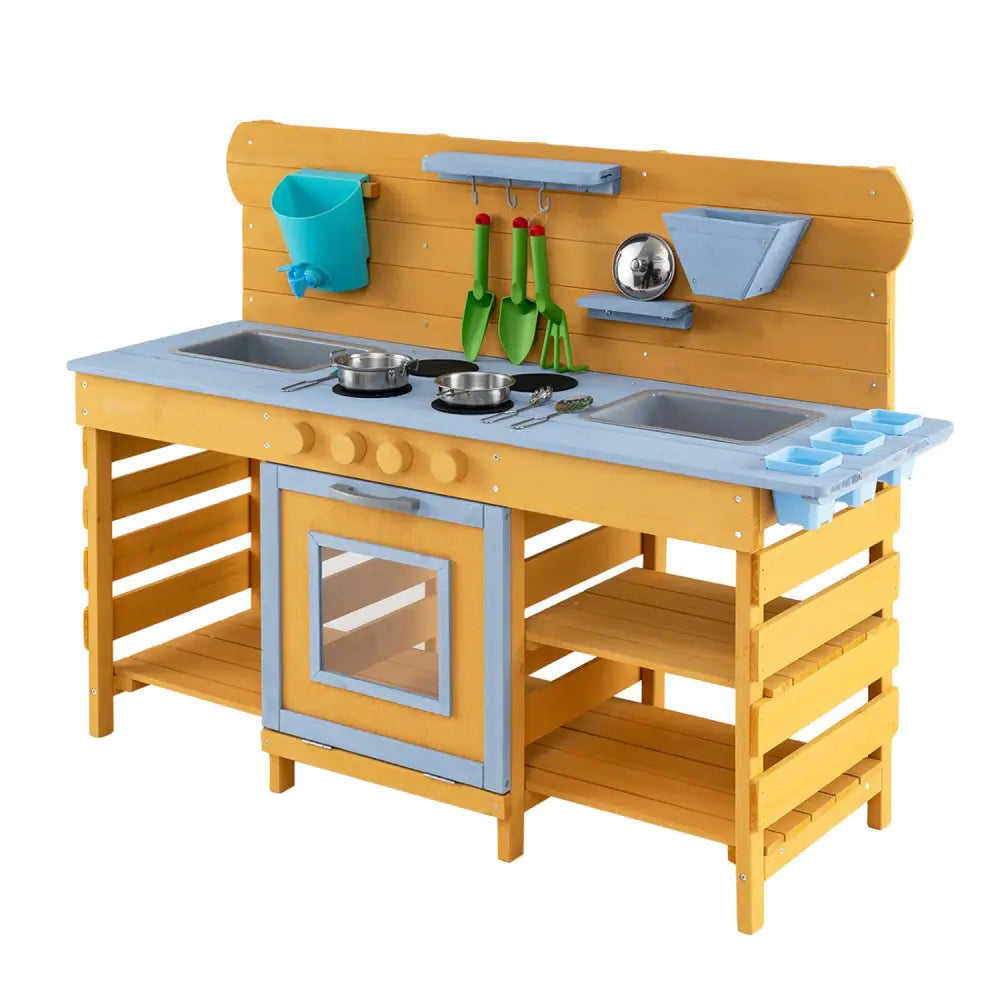 Kids Wooden Mud Kitchen with 2 Sinks and 4 Stoves-Natural - Natural - Play Kitchen Sets