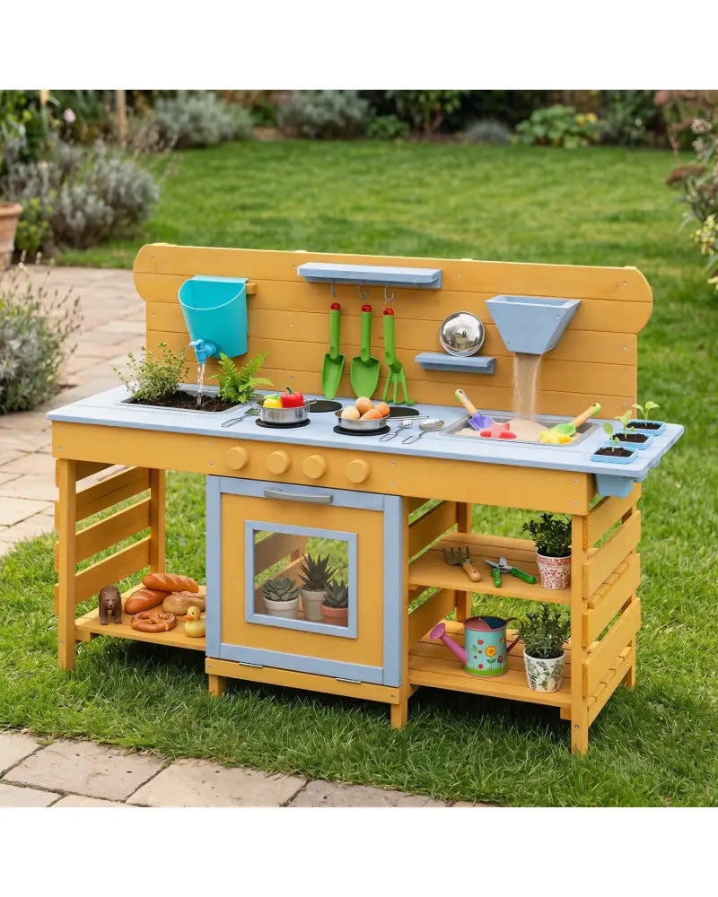 Kids Wooden Mud Kitchen with 2 Sinks and 4 Stoves-Natural - Natural - Play Kitchen Sets