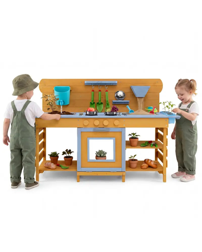Kids Wooden Mud Kitchen with 2 Sinks and 4 Stoves-Natural - Natural - Play Kitchen Sets
