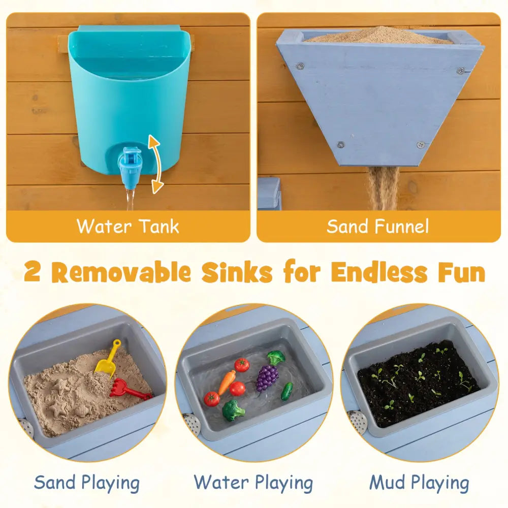 Kids Wooden Mud Kitchen with 2 Sinks and 4 Stoves-Natural - Natural - Play Kitchen Sets