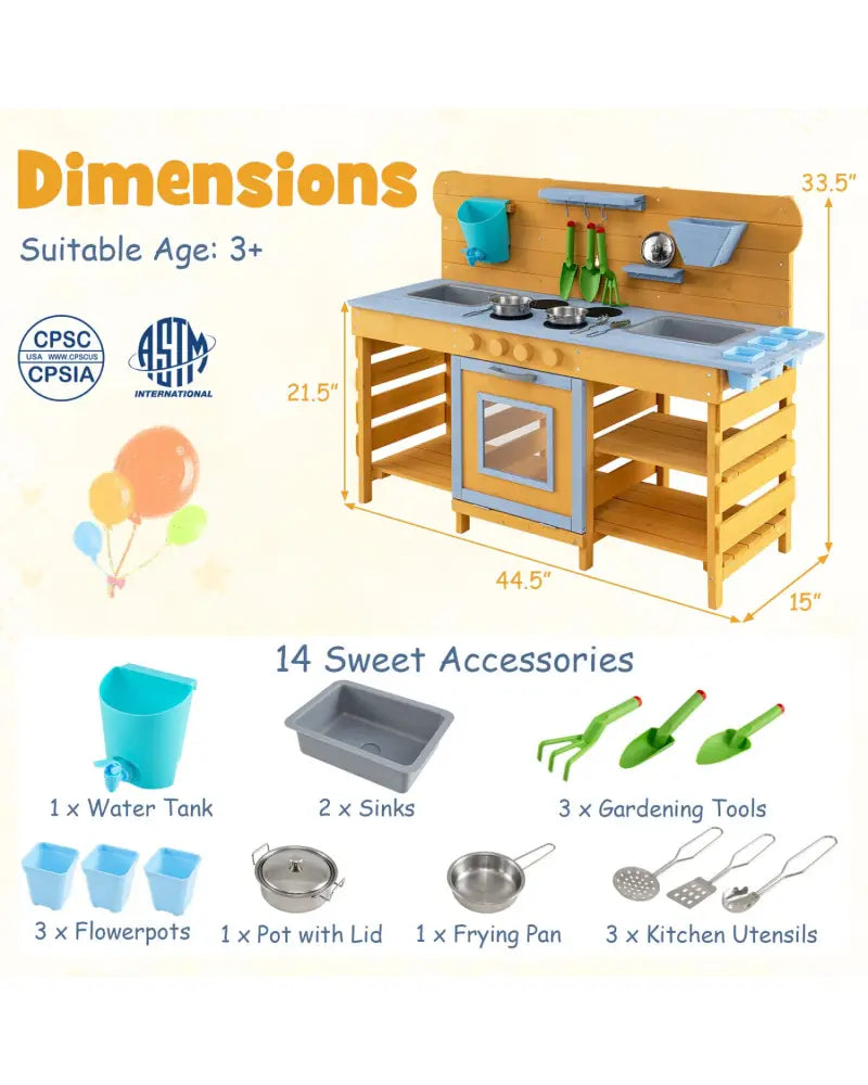Kids Wooden Mud Kitchen with 2 Sinks and 4 Stoves-Natural - Natural - Play Kitchen Sets
