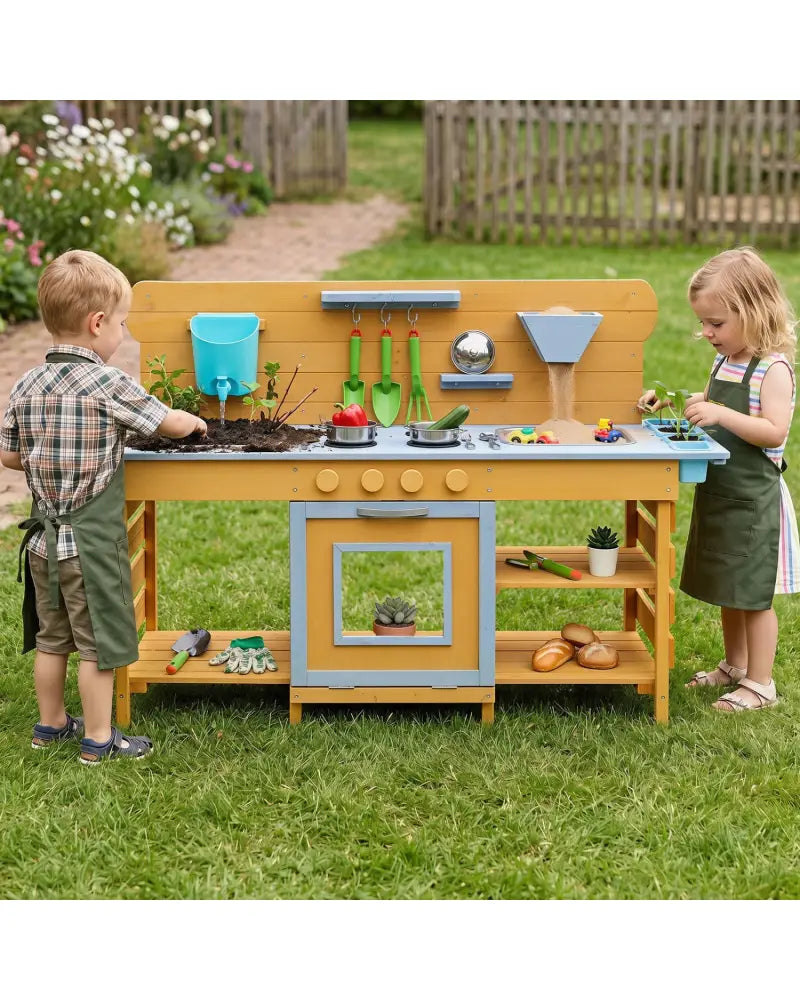 Kids Wooden Mud Kitchen with 2 Sinks and 4 Stoves-Natural - Natural - Play Kitchen Sets