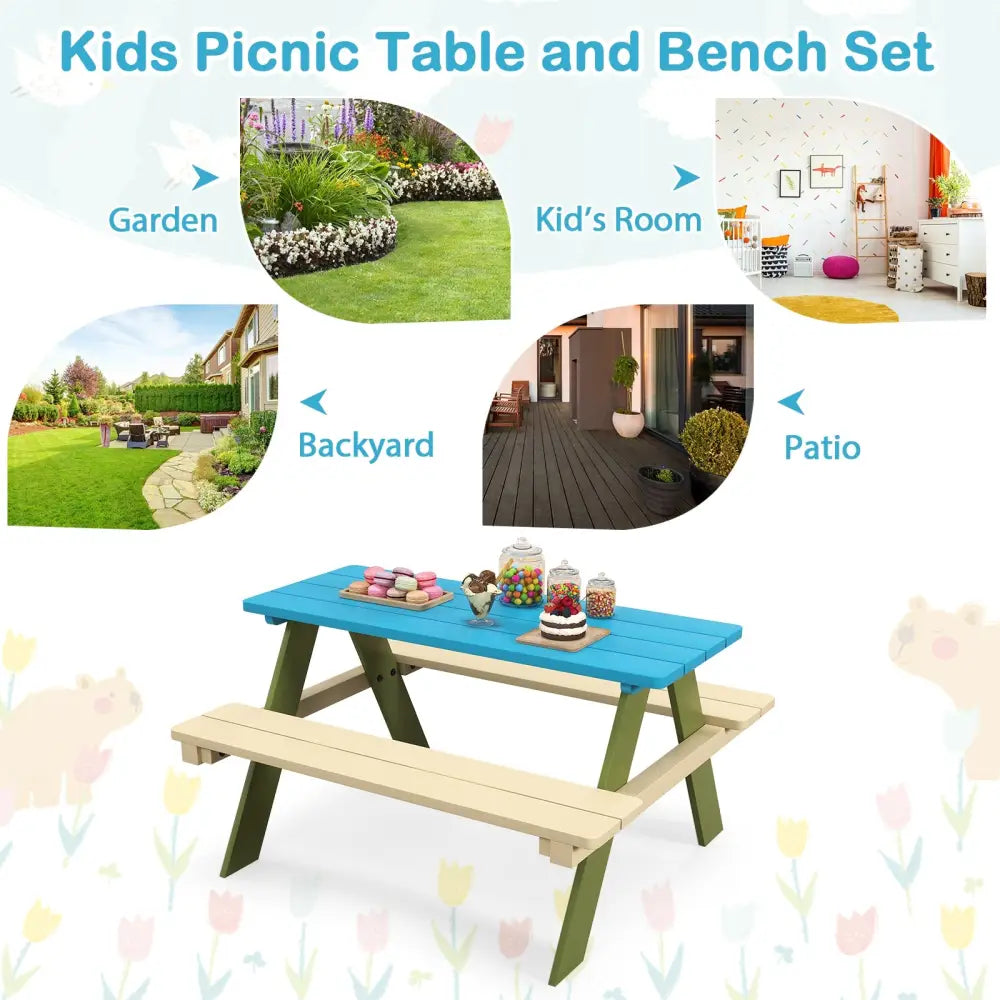 Kids Wooden Picnic Table Set Toddler Activity and Dining Table with Built-in Benches - Kids Table & Chair Sets