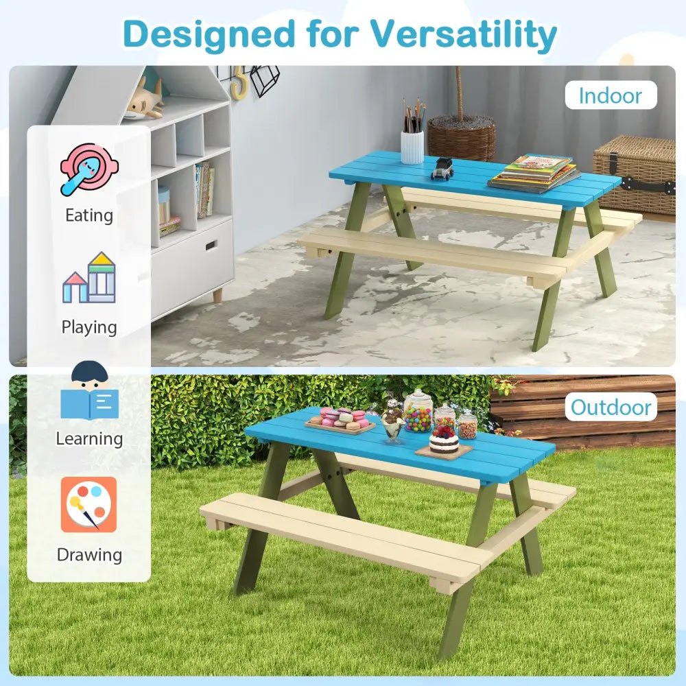 Kids Wooden Picnic Table Set Toddler Activity and Dining Table with Built-in Benches - Kids Table & Chair Sets