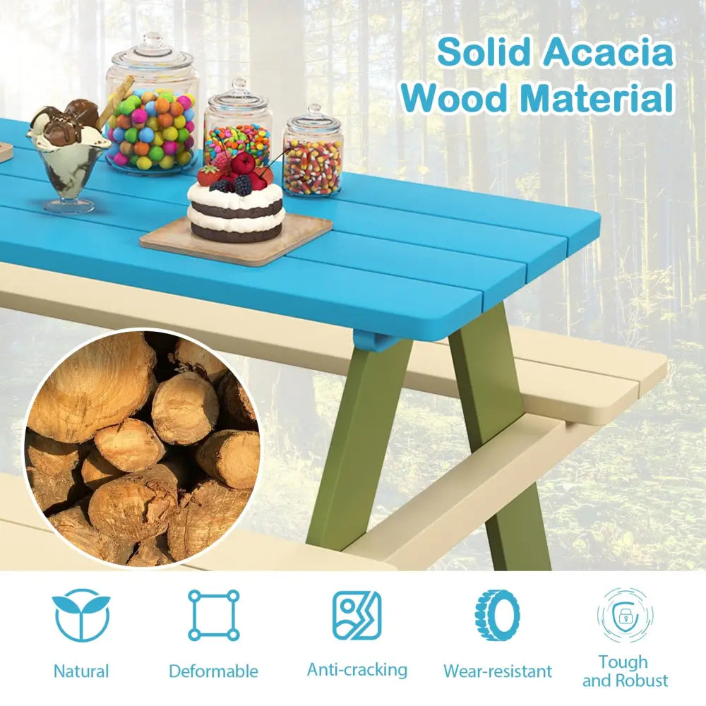 Kids Wooden Picnic Table Set Toddler Activity and Dining Table with Built-in Benches - Kids Table & Chair Sets