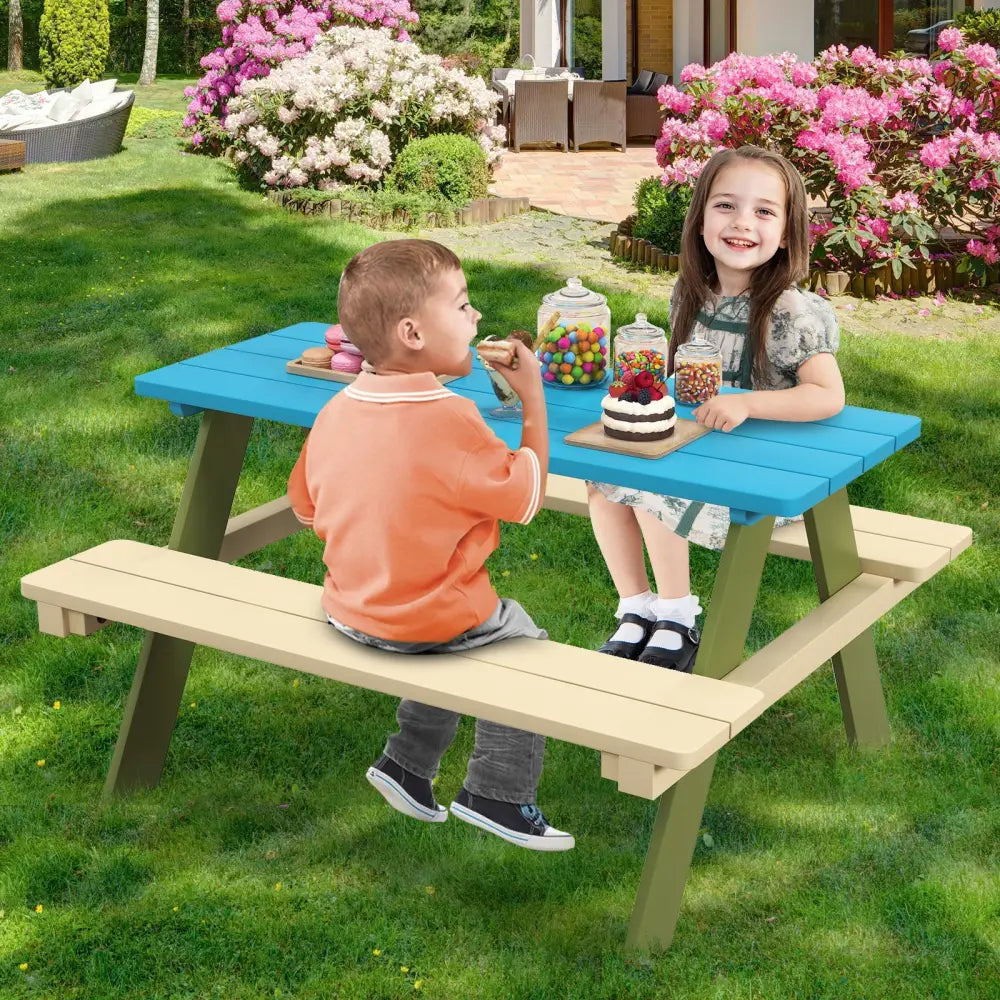 Kids Wooden Picnic Table Set Toddler Activity and Dining Table with Built-in Benches - Kids Table & Chair Sets