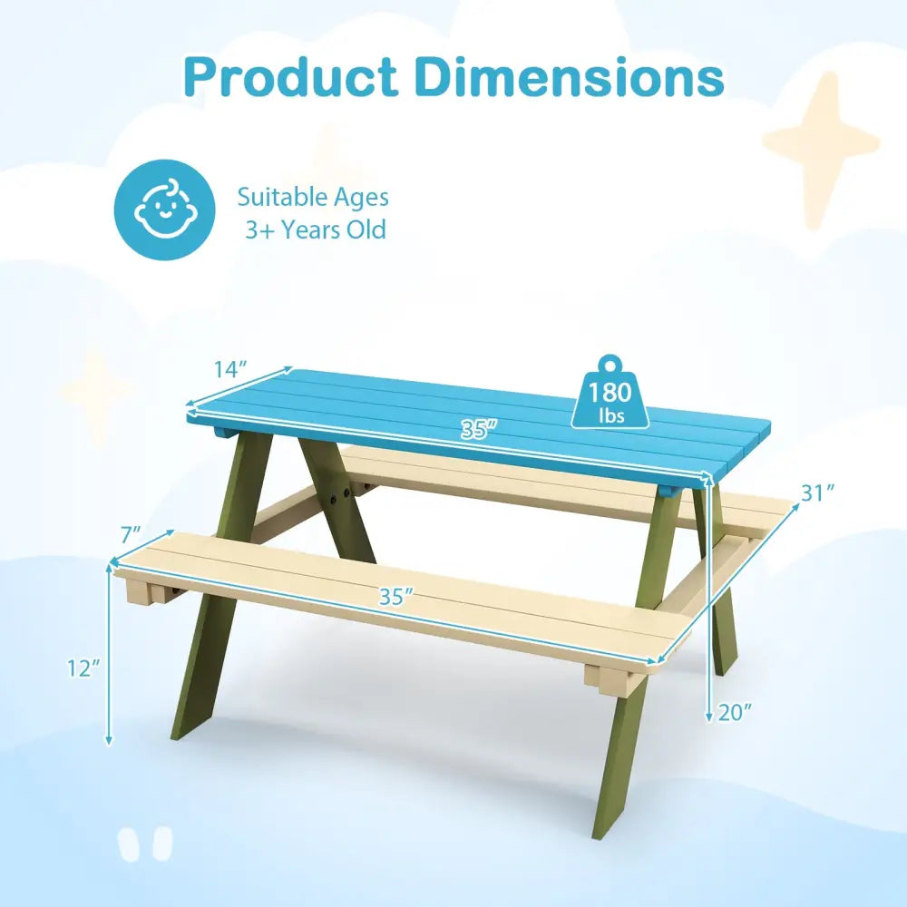 Kids Wooden Picnic Table Set Toddler Activity and Dining Table with Built-in Benches - Kids Table & Chair Sets
