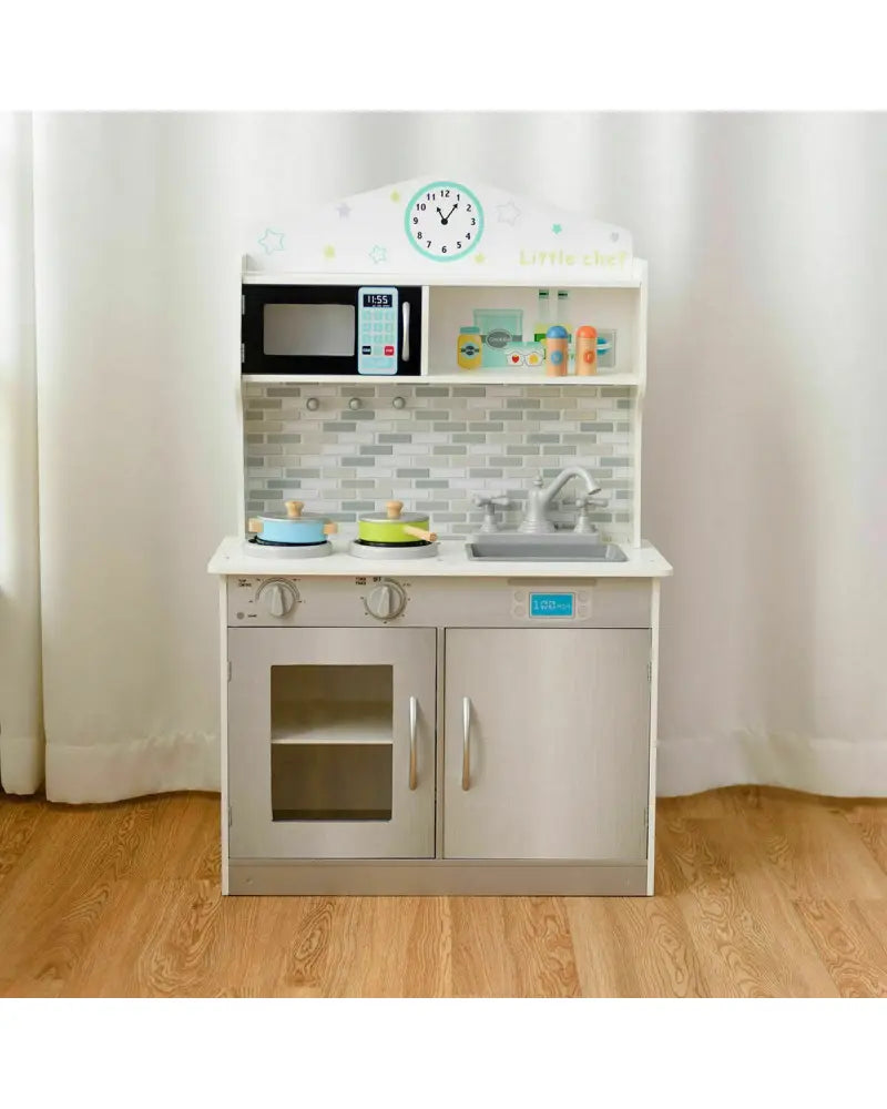 Kids Wooden Pretend Cooking Playset Cookware Kitchen-Beige - Beige - Play Kitchen Sets
