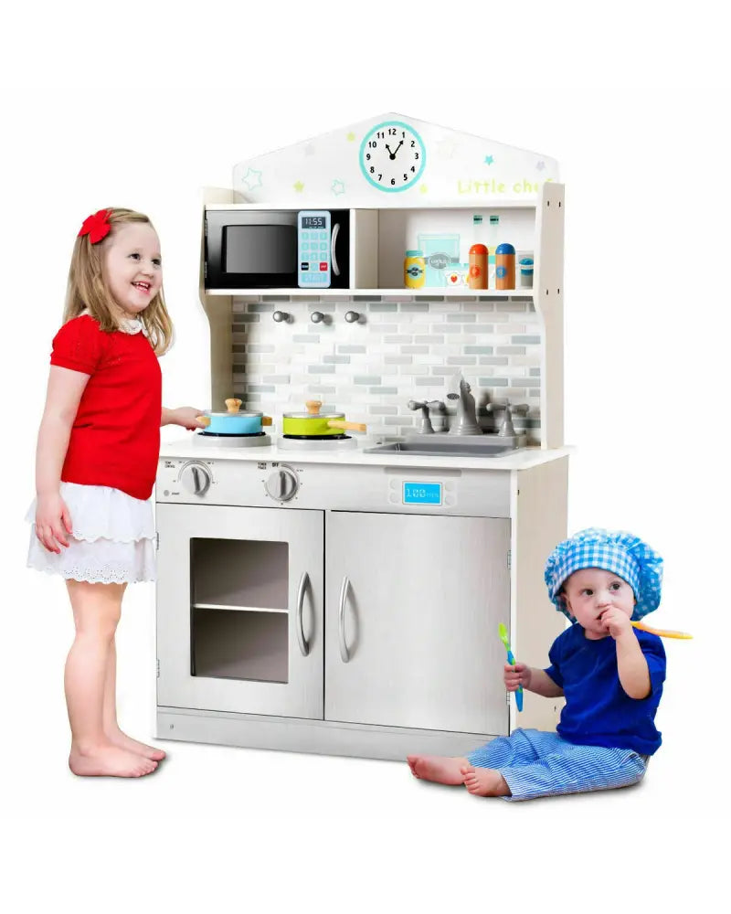 Kids Wooden Pretend Cooking Playset Cookware Kitchen-Beige - Beige - Play Kitchen Sets