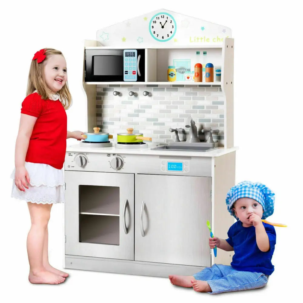 Kids Wooden Pretend Cooking Playset Cookware Kitchen-Beige - Beige - Play Kitchen Sets