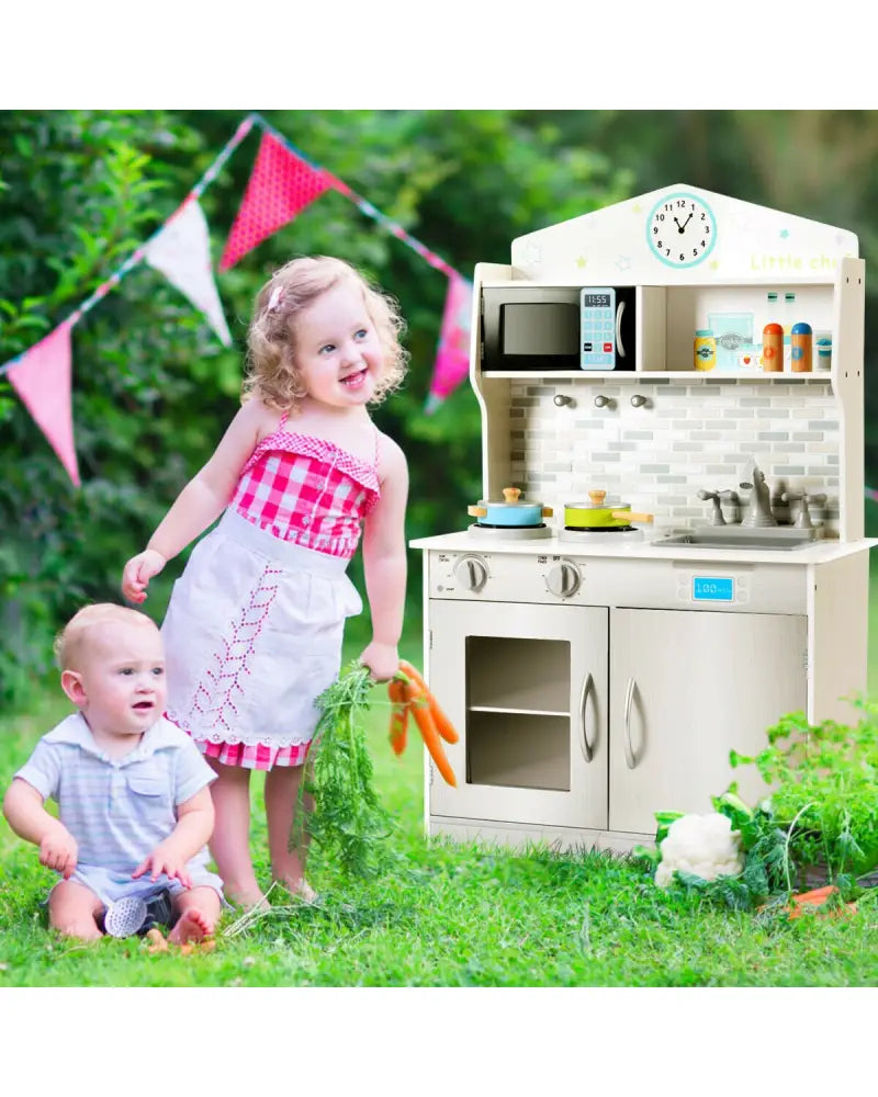 Kids Wooden Pretend Cooking Playset Cookware Kitchen-Beige - Beige - Play Kitchen Sets