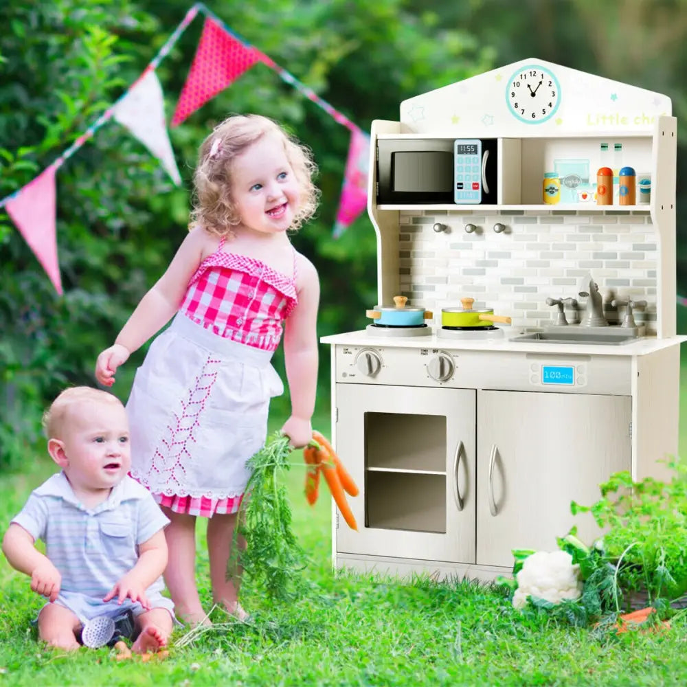 Kids Wooden Pretend Cooking Playset Cookware Kitchen-Beige - Beige - Play Kitchen Sets