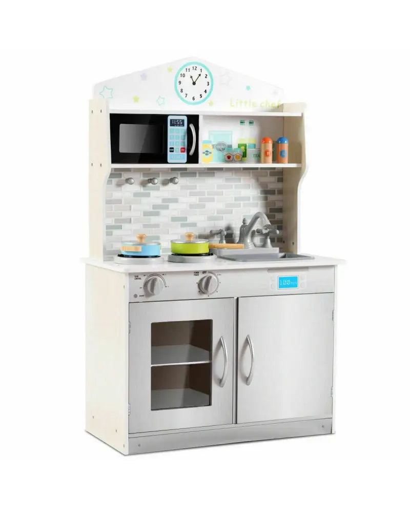 Kids Wooden Pretend Cooking Playset Cookware Kitchen-Beige - Beige - Play Kitchen Sets