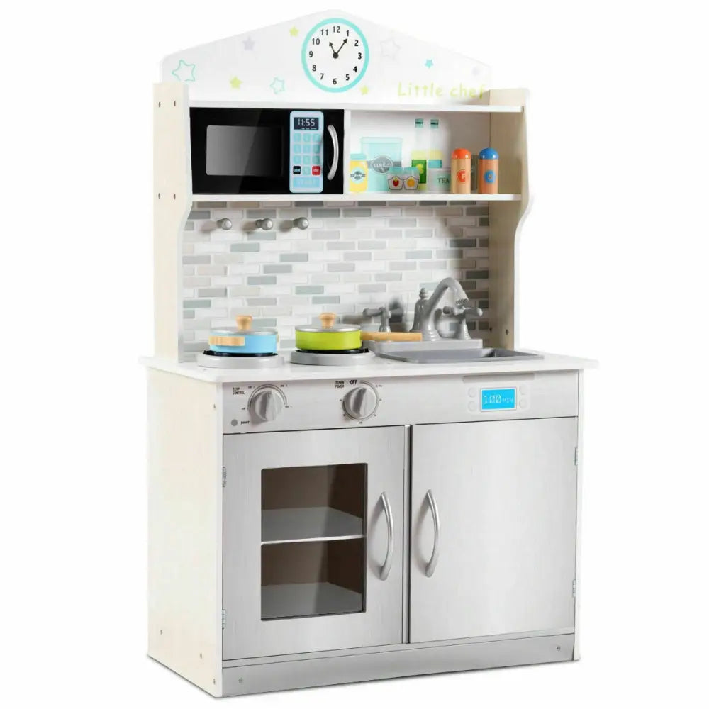 Kids Wooden Pretend Cooking Playset Cookware Kitchen-Beige - Beige - Play Kitchen Sets