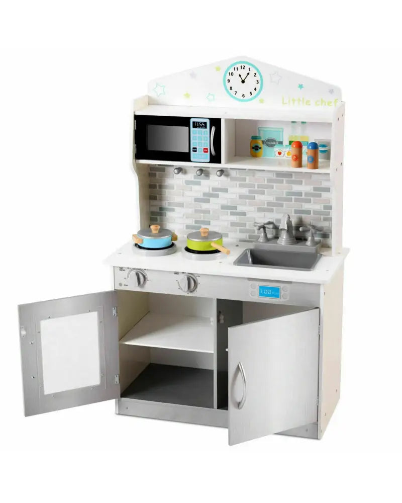 Kids Wooden Pretend Cooking Playset Cookware Kitchen-Beige - Beige - Play Kitchen Sets