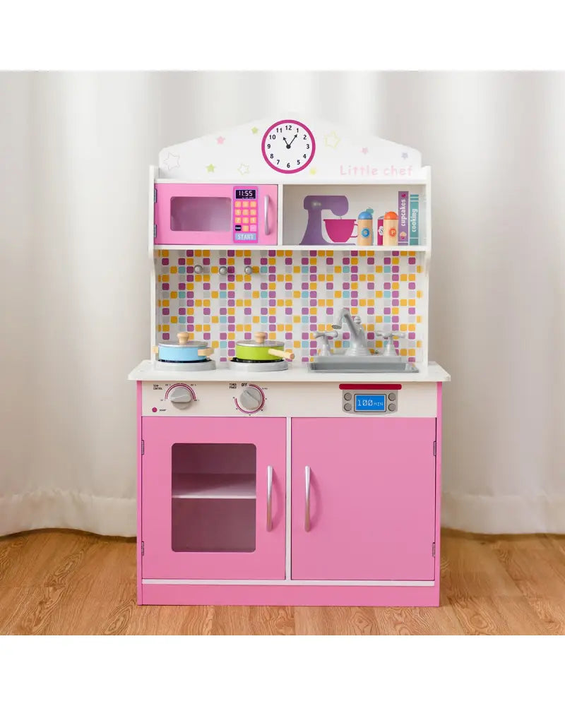 Kids Wooden Pretend Cooking Playset Cookware Play Set Kitchen Toys Toddler Gift-Pink - Pink - Play Kitchen Sets